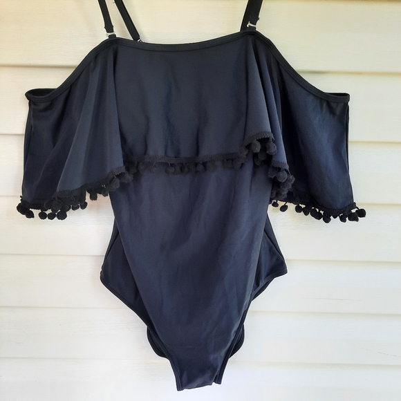 Tempt Me Black One Piece Pom Pom Ruffle Swimsuit Off Shoulder Swimwear Size M - Picture 8 of 12